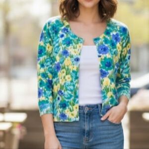 Talbots White, Blue, Green & Yellow Floral Lightweight Cardigan Sweater